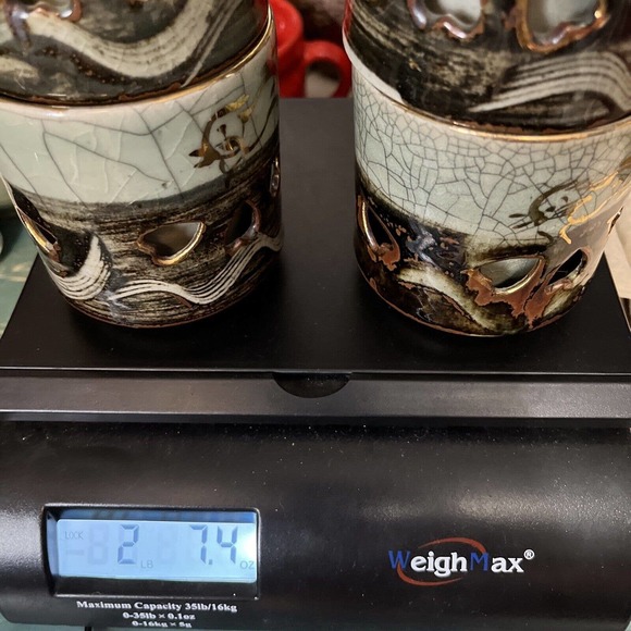 Vtg 4 Green Brown Somayaki Japan Double Wall Crackle Glazed Heart Tea Cups 200ml - Picture 16 of 16